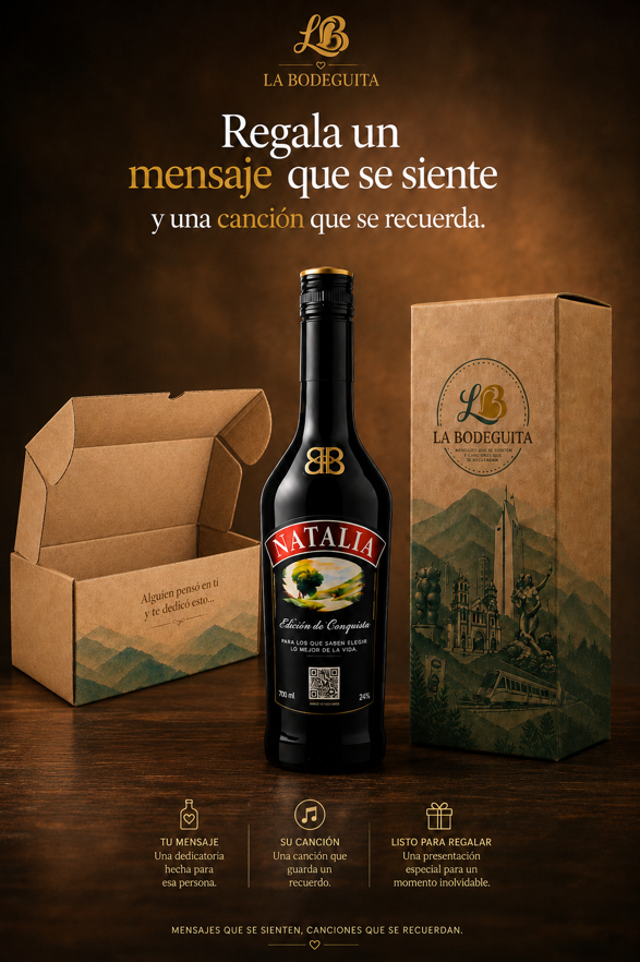 Botella de ron personalizada Mi Gran Amor entre la caja abierta con la dedicatoria y la caja de regalo La Bodeguita